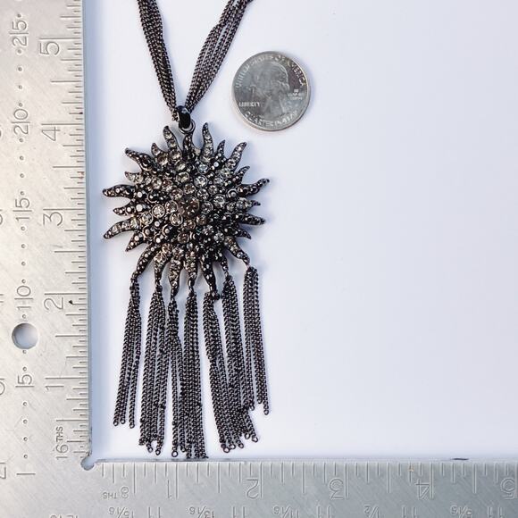 Rhinestone Sunburst Statement Necklace and Chain Fringe Gunmetal Jewelry - Picture 6 of 11